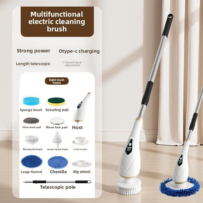 Cordless Electric Spin Scrubber with 2/6/8 Heads for Elderly 59 Extendable Handle 2 Speeds 480RPM 4000mAh Battery IPX7 Waterproof for Bathroom Shower Tile Floor Kitchen (8 Heads)