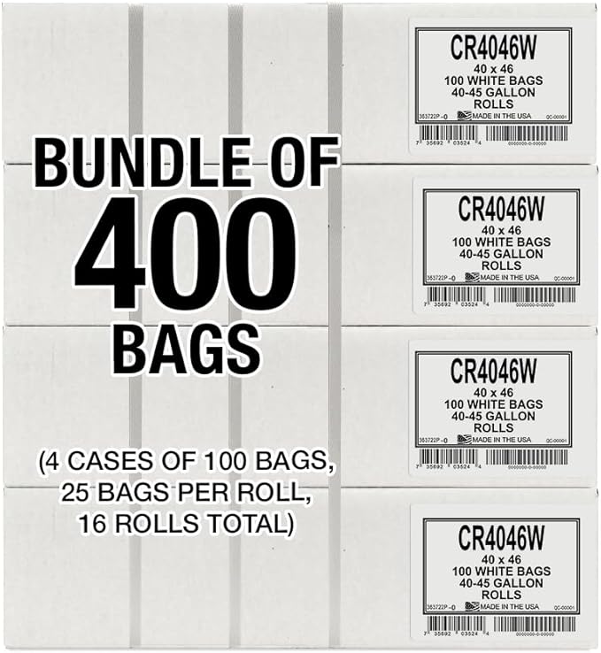 Aluf Plastics 45 Gallon Trash Bags 40 x 46 White (Pack of 400) - For Bathroom Household Office and Lightweight Garbage - Coreless Rolls