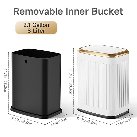 TIPGO Bathroom Trash Can with Lid 2.1 Gallon / 8 Liter Small Garbage Can Press Top Bin Stainless Steel Wastebasket with Pop-Up Lid for Bedroom Living Room Office (White)