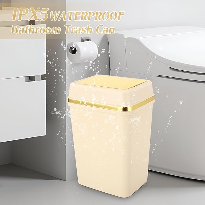 Bathroom Trash Can with Lid 4 Gallon Trash Can with Swing Lid Beige Small Garbage Can Bathroom Garbage Can with 300 Counts Trash Bags for Kitchen Bedroom Office