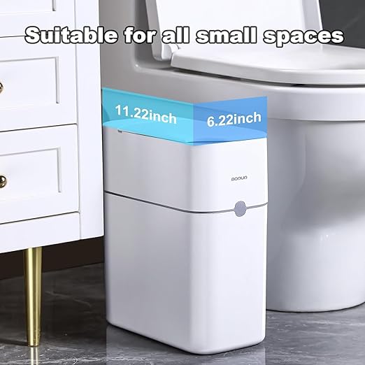 MOPUP Bathroom Trash Can Automatic Bagging Garbage Can 3.5 Gallon Slim Smart Small Plastic Trash Bin Narrow Motion Sensor Trash Can for Bedroom Office White