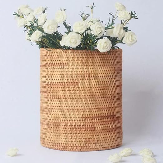 Koolouispoper Handmade Rattan Trash Can Cylinder Storage Desktop Trash Can Rattan Trash Can Storage Basket (20CM)