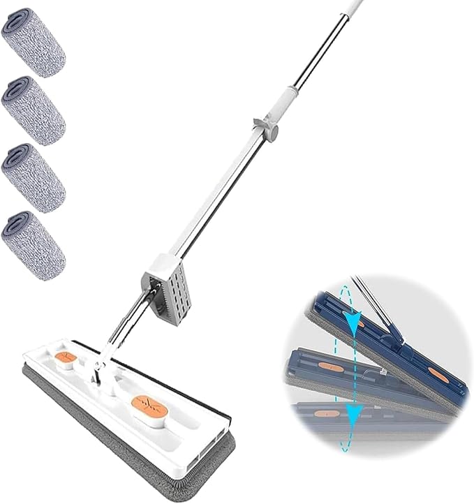 Large Flat Mop - Magic Mop 360° Wall Cleaning with Long Handle Stainless Steel Long Handle with 2/4 Microfiber Pads for Floors Corner Window 12027(White Mop+4 Rag)