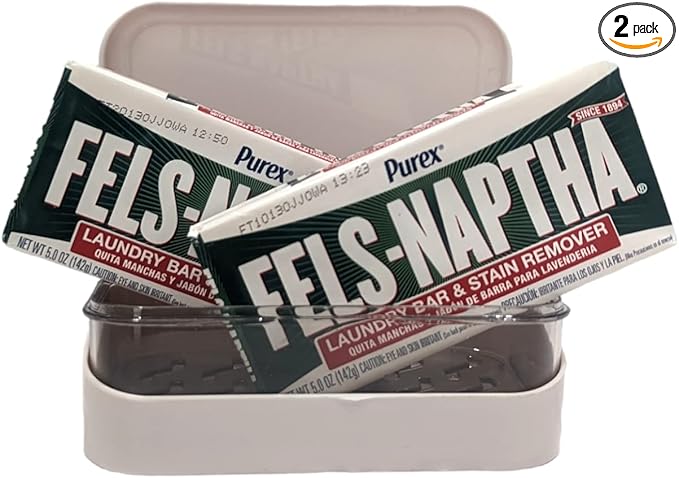 Fels Naptha Laundry Stain Remover Detergent Bar 5oz (Pack of 2) with BlehBlu Soap Box