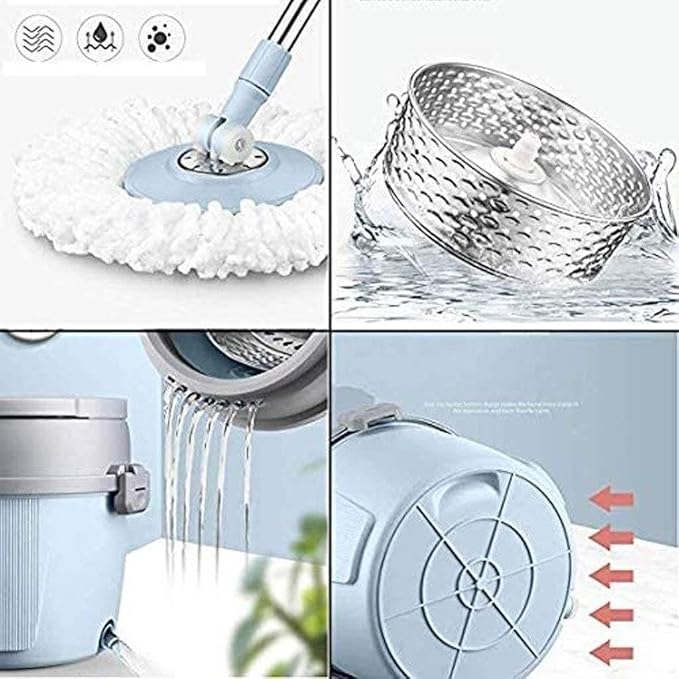 360° Rotary Microfiber Mop Floor Cleaning System with Stainless Steel Rod Adjustable Handle and Washable Pads for Hardwood Tile &amp Laminate