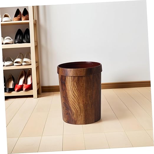 Healifty Vintage Style Plastic Wood Pattern Garbage Bin with Pressure Ring Wastebasket for Home Bedroom Bathroom and Office Space Saving Creative Container Design