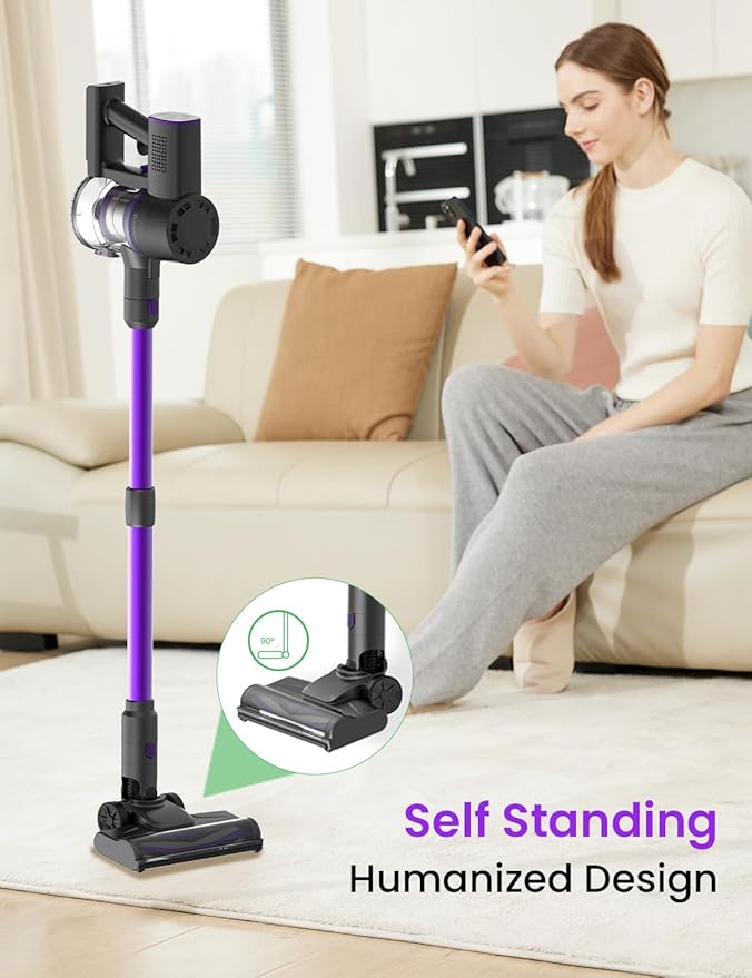 Vexilar Cordless Vacuum Cleaner Self-Standing Rechargeable Stick Vacuum Cleaners for Home 35mins Runtime LED Screen 6-in-1 Lightweight Handheld Vacuum for Hard Floor Carpet (Purple)