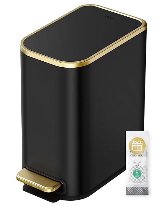 Cesun Small Bathroom Trash Can with Lid Soft Close 5 Liter/1.3 Gallon Stainless Steel Garbage Can with Removable Inner Bucket Step Pedal Slim Waste Basket for Toilet Office Bedroom (Black&ampGol