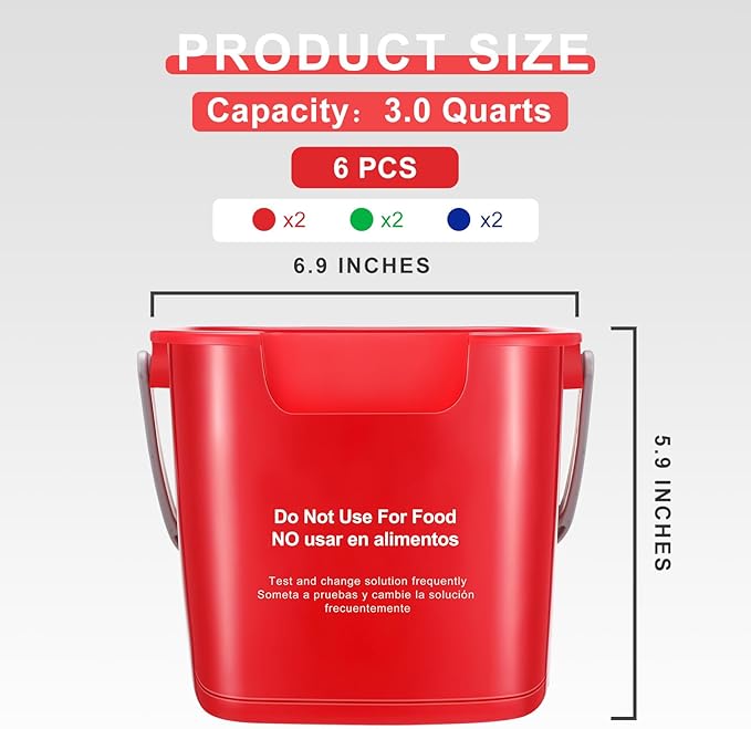 Roshtia 6 Pcs 3 Quart Cleaning Bucket Small Sanitizing Square Bucket Detergent Pail for Home Commercial Restaurant Kitchen Office School(Red Blue Green)