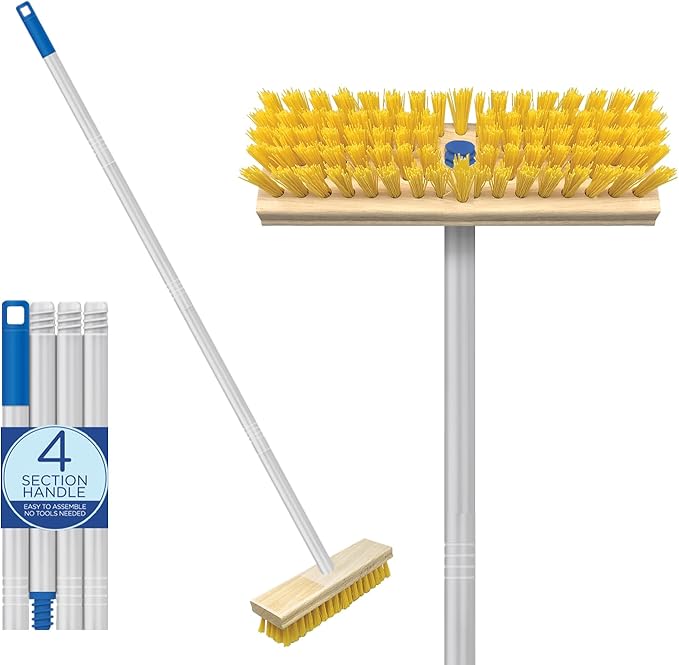 LOLA Deck Scrub Brush Outdoor Broom Durable Bristles Remove Dirt Grime Grout Leaves Snow on Patios Decks Wet or Dry 1 Pack