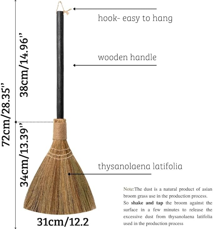 Natural Whisk Sweeping Black Handle Broom - Brooms for Wedding Jumping Ceremony Halloween DIY Decoration - Vietnamese Straw Soft Broom 12.2 Width 28.35 Length
