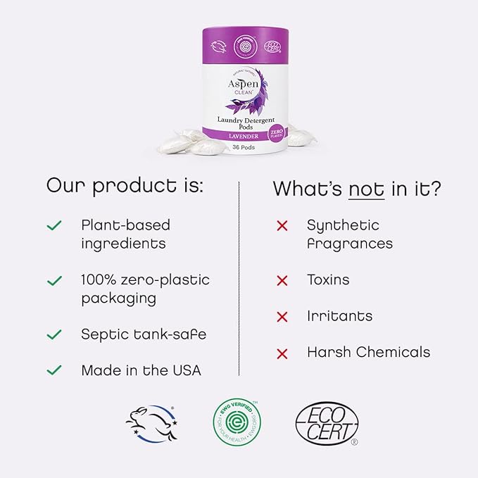 AspenClean | Laundry Pods | Lavender and Lemongrass | Made for Sensitive Skin | Zero Plastic | Non - Toxic | 100% Natural | EWG Verified - 36 Count