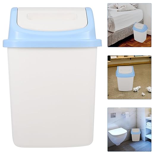Bathroom Trash Can with Lid 12L Small Square Flip-Top Waste Bin for Kitchen Home Office White and Blue Plastic Garbage Can for Bathroom Wastebasket