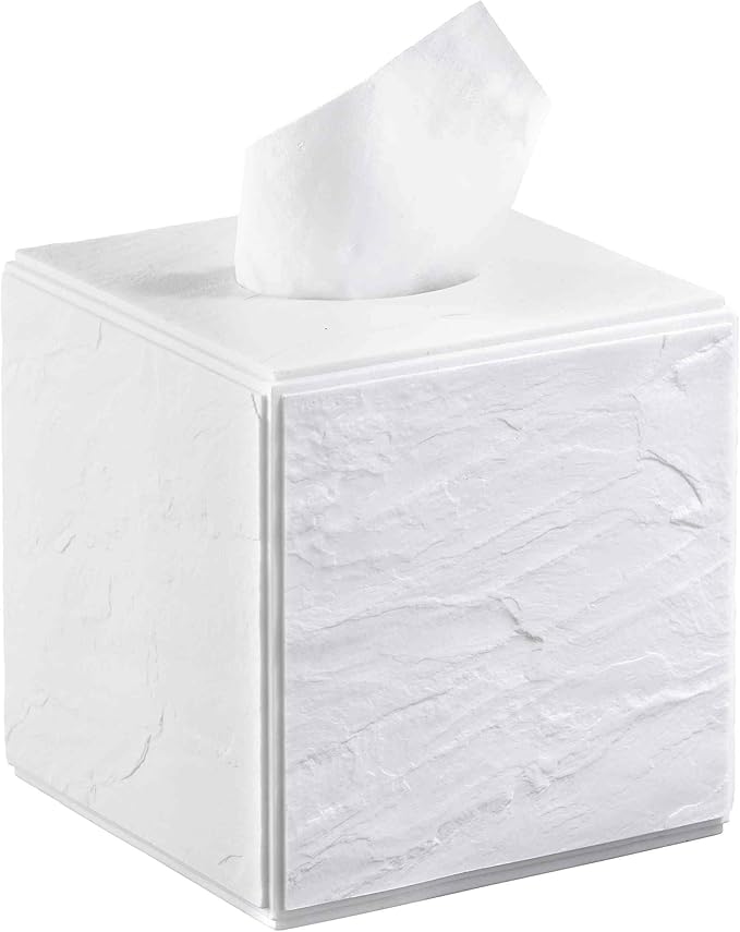 Nicole Miller - Tissue Box Cover Durable Resin Countertop Accessories with Textured Marble Design Fits Standard Tissues Modern Home Decor Dorm Room Essentials (Zen Collection White)