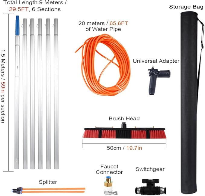 Window Cleaning Water Fed Pole KitOutdoor Reach Solar Panel Cleaning Brush with 20m Water PipeAdjustable Cleaning Tool with Aluminum Extension Pole for Roof Window Gla(Size:9M/30FTColor:50cmBrush)