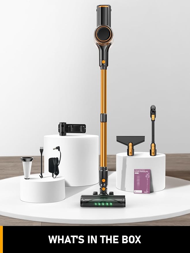 Cordless Vacuum Cleaner 8 in 1 Vacuum Cleaner for Home with LED Display 3 Suction Modes 45mins Runtime Lightweight Stick Vacuum for Home Hardwood Floor Pet Hair Carpet (Orange)