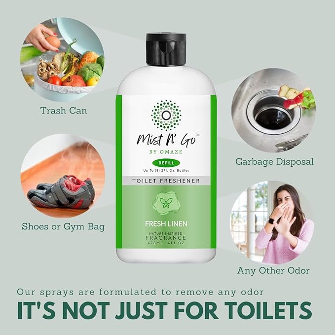 Mist N' Go by OMAZE Bathroom Odor Spray for Toilet Spray Refill Bottle - Multitasking Toilet Spray - Bathroom Spray Odor Eliminator for Strong Odors | Fresh Linen 16oz + 2oz