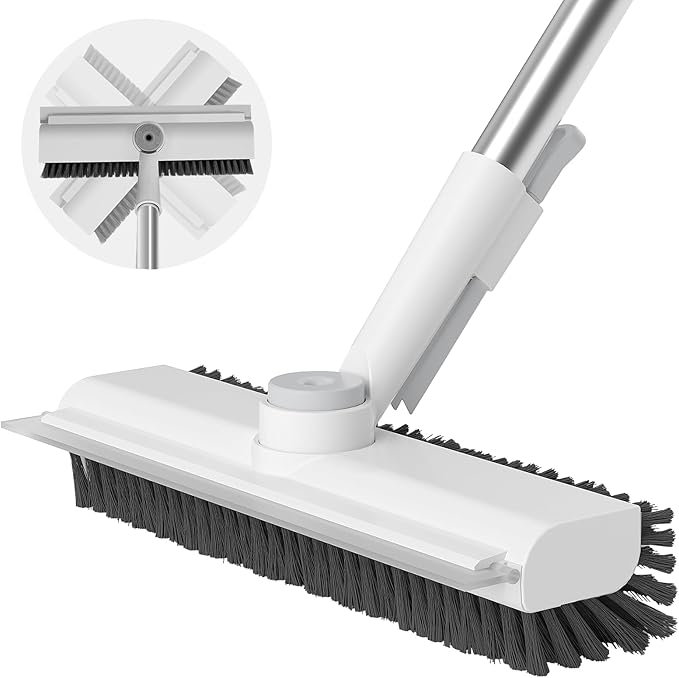 Floor Scrub Brush with Long Handle 3 in 1 Scrape and Heavy-Duty Stiff Bristle Scrubber Brush for Cleaning Shower Bathroom Patio Pool Garage Kitchen Wall and Deck (White 1 Pack)
