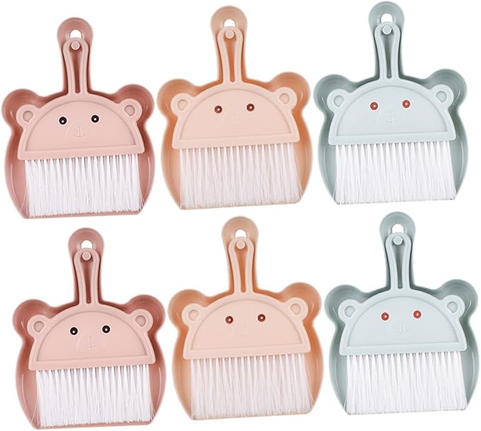 Wakauto Mini Portable Dustpan and Hand Broom Set 6pcs Small Desk Cleaning Brush Combo in Sky Blue Light Brown and Wheat Colors for Home Office and Keyboard Cleaning