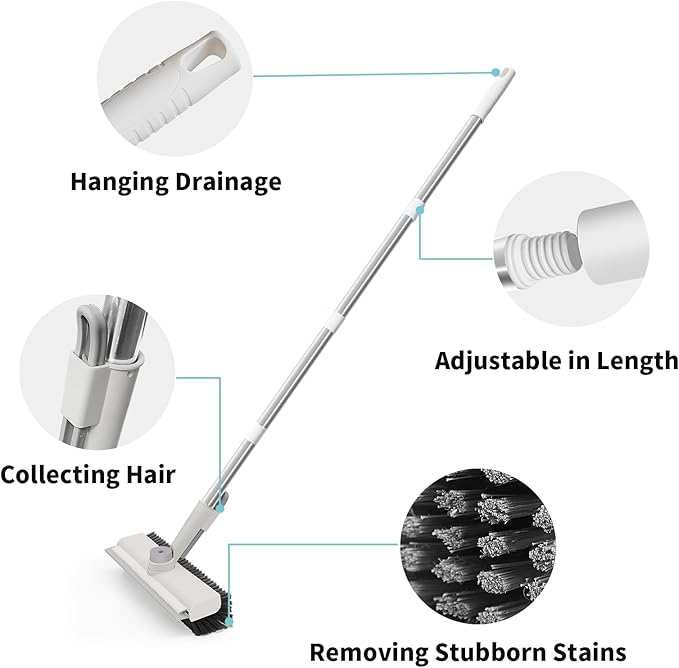 Floor Scrub Brush with Long Handle 3 in 1 Scrape and Heavy-Duty Stiff Bristle Scrubber Brush for Cleaning Shower Bathroom Patio Pool Garage Kitchen Wall and Deck (White 1 Pack)