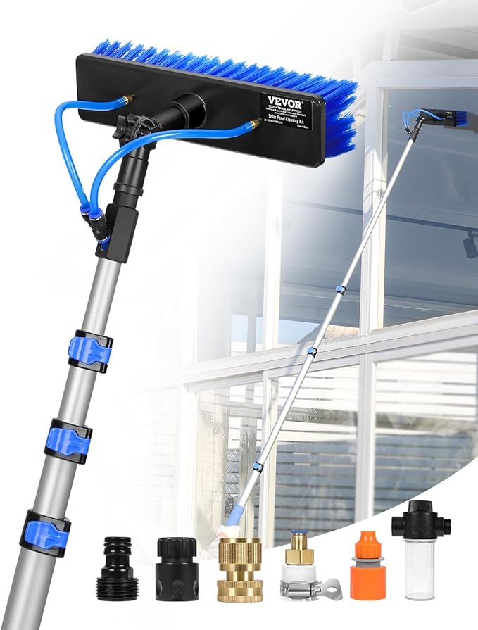 VEVOR Water Fed Pole Kit 12FT Solar Panel Cleaning Pole with Extendable Handle 180° Rotatable Brush Head &amp 65.6FT Hose Household &amp Outdoor Window Cleaner Tool for Caravan Solar Panel Deck
