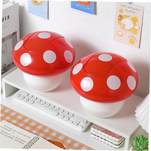 PRETYZOOM 2pcs Decorative Mushroom Desk Trash Can Small Waste Basket for Office Kitchen Bedroom Mini Bin Cover