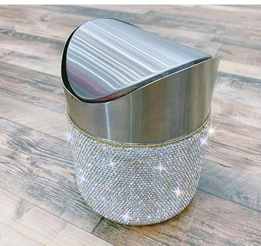 Trash Can Wastebasket – Garbage Container Bin Waste Basket Crystal Rhinestone Bedazzled Glitter Deco Vanity Home Office Desk Perfect for Vanity and Small Items -White