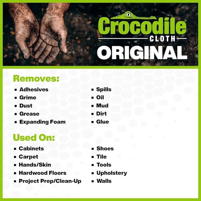 Crocodile Cloth Industrial Hand &amp Tool Cleaning Wipes - Heavy-Duty 10 x 15 Size Multi-Surface Cleaning Wipes 10 Count Per Package. Water Based Solution with Extreme Cleaning Power. Safe on Skin