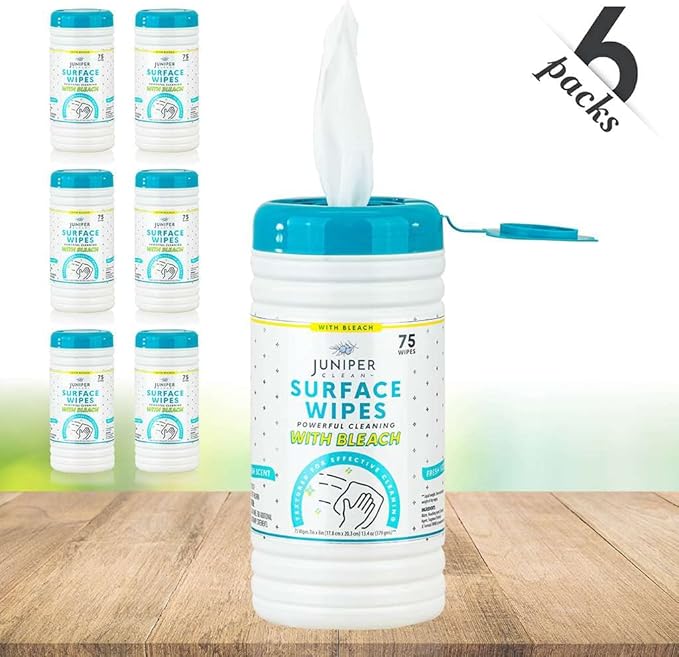 6 Pack Surface Cleaning Wipes with Bleach All-Purpose Cleaner for Bathroom Kitchen Office 450 Count Canister Fresh Scent 7.5 x 7 Sheet Lint Free &amp Durable