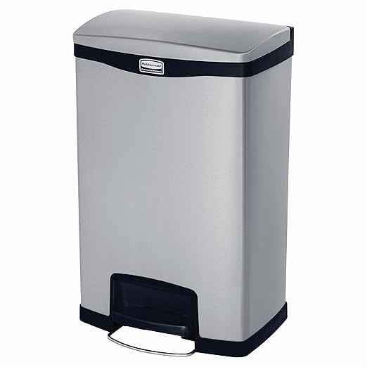 Rubbermaid Commercial Products Impressions Metal Step On Trash Can Front Step 13 GAL Stainless Steel Black Indoor for Hospitals/Office Spaces/Restaurants