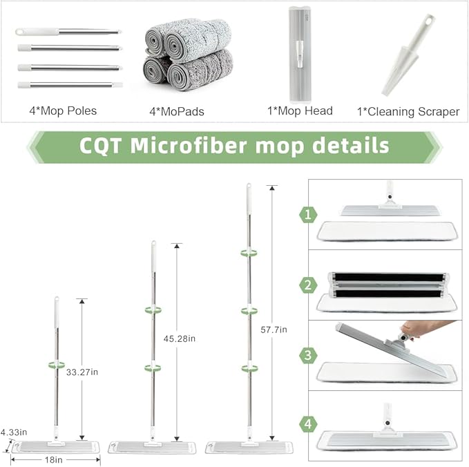 CQT Commercial Flat Microfiber Floor Mop Cleaning System 18 Inch Wet Dry and Dust Hardwood with 4 Washable Pads Cleaner for Laminate Tile Stainless Steel Handle and Extension (PT12-WET)