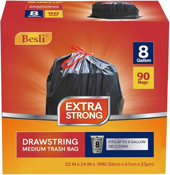 Besli 8 Gallon Black Drawstring Trash Bag Garbage Bag Trash Can Liner0.9 Mil90 Counts