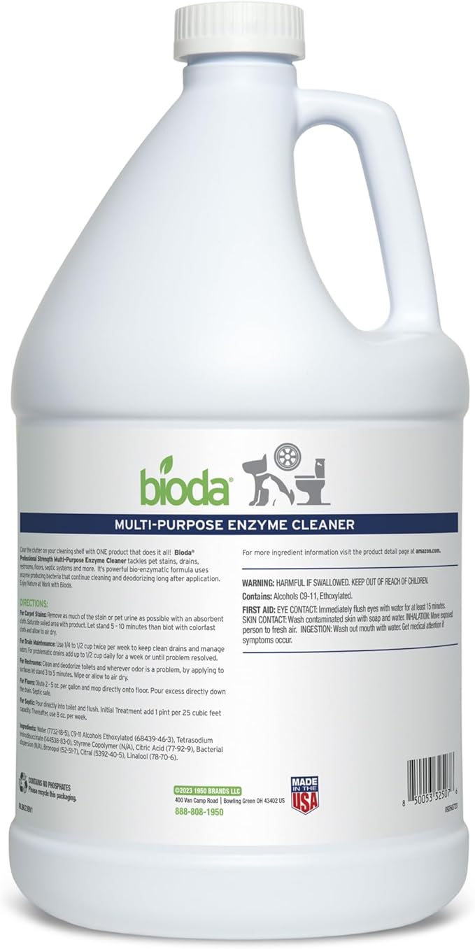 Bioda Multi-Purpose Probiotic Enzyme Cleaner and Deodorizer | Professional Strength | Trash Can Deodorizer Pet Stains and Odors Drains Floors Bathrooms Toilets | Made in USA | 1 Gallon