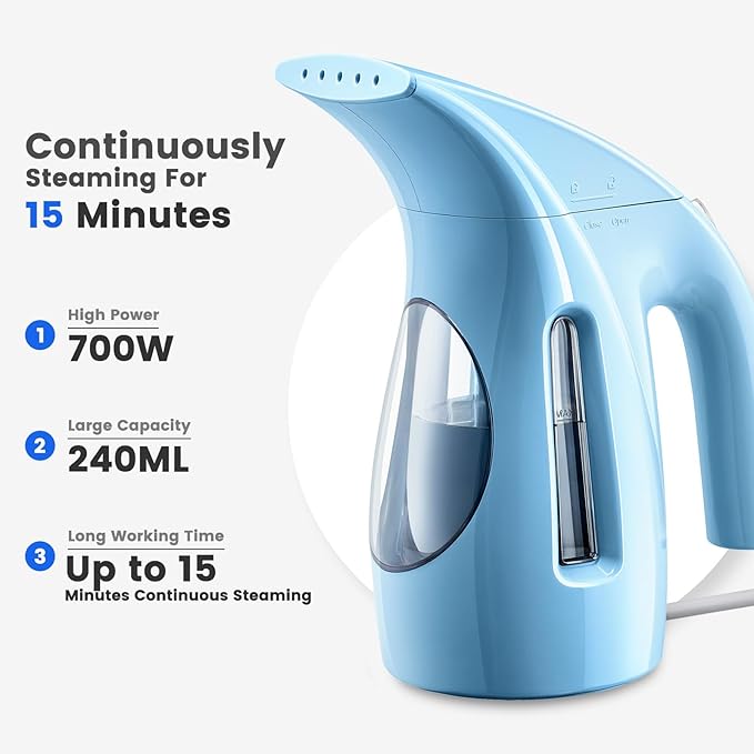 HiLIFE Steamer for Clothes Portable Handheld Design 240ml Big Capacity 700W Strong Penetrating Steam Removes Wrinkle for Home Office(ONLY FOR 120V) (Blue)