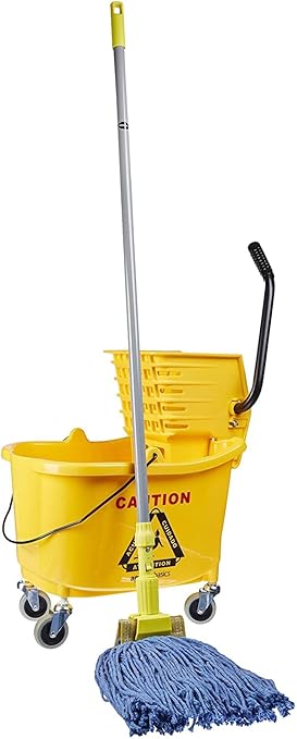 Amazon Basics Commercial Side Press Wringer Floor Cleaning Mop Bucket on Wheels 35-Quart Yellow