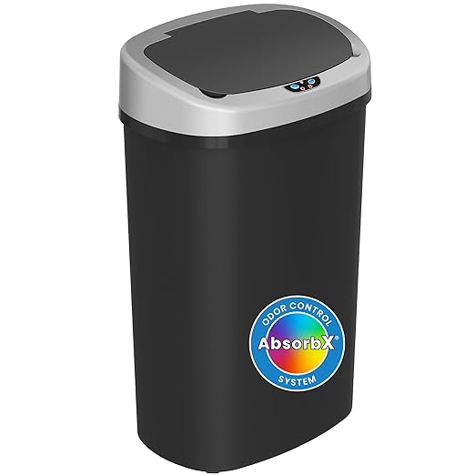 iTouchless 13 Gallon Sensor Kitchen Trash Can with Lid and Odor Filter Durable Dent-Proof Automatic Waste Basket Garbage Bin Great for Home Office Business Slim Space-Saving Oval Black Plastic