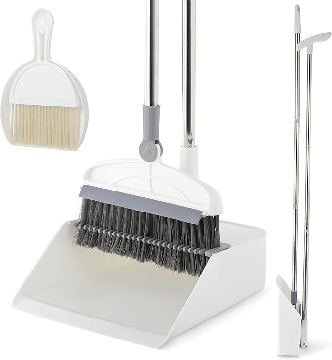 Broom with Dustpan Combo Set 2 in 1 Broom and Dustpan Set with Long Handle Upright 180° Rotating Broom with Brush and Lightwight Dust Pans for Home Kitchen Room Office Lobby Floor CleaningWhite