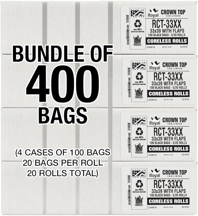 Aluf Plastics 33 Gallon 1.7 MIL (eq) Black Heavy Duty Trash Bags with E-Z Tie Flap Closure - 33 x 39 - Pack of 400 - For Industrial Janitorial &amp Contractor &amp Hospitality