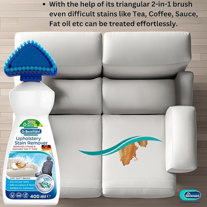 Dr. Beckmann Upholstery Stain Remover Liquid 400Ml|Removes Even Stubborn Stains And Odours From Sofa Couch Car Seats Office Chairs Mattresses &amp More|With Applicator Brush|Sofa Cleaner