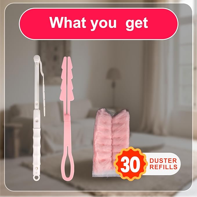 ITTAR 30 Count Duster Refill kit Dust Cleaning Supplies with Extension Pole Fan Feather Dusters with 2 Types Handle for Cleaning Home Celling Fan Blinds Furniture Vent &amp Shelves-Pink