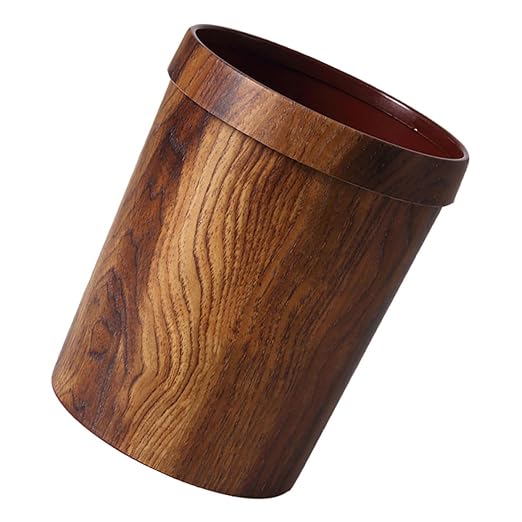 Wood Grain Trash Bin 14L Vintage Round Garbage Can with Press Ring for Hotel Rooms Bedroom Office and Bathroom Wastebasket