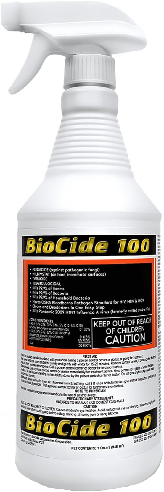 Biocide 100 EPA Registered Mold Mildew and Fungi Remover Cleaner and Disinfectant | Eliminates Household Mold Spores Bacteria Germs Viruses | Non-Toxic and Safe | 1-Quart