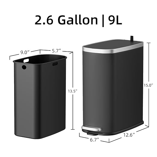 KUK Slim Bathroom Trash Can with Lid Soft Close Step Pedal 2.6 Gal/ 10L Stainless Steel Garbage Can with Removable Inner Bucket Anti-Fingerprint Wastebasket for Office Bedroom Toilet (Black)