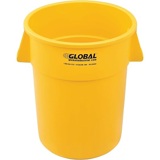 Global Industrial Commercial Round Trash Can 55 Gallon Capacity Plastic Garbage Can Indoor and Outdoor Utility Trash Can Yellow 26-1/4W x 33-1/8H No Lid