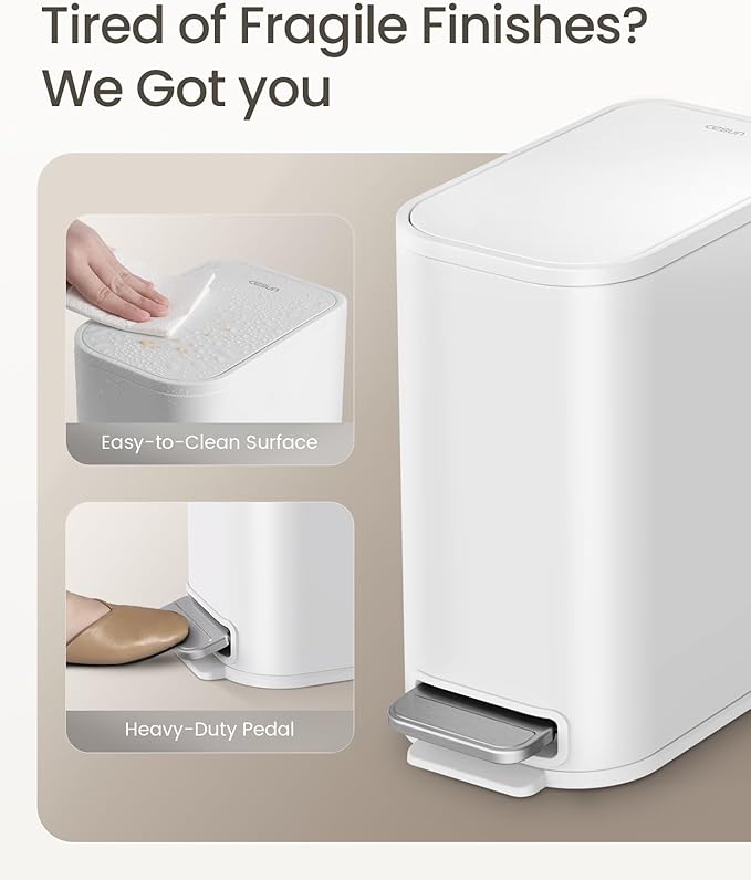 Cesun Small Bathroom Trash Can with Lid Soft Close Step Pedal 5 Liter / 1.3 Gallon Stainless Steel Garbage Can with Removable Inner Bucket Waste Basket for Bathroom Bedroom (White)