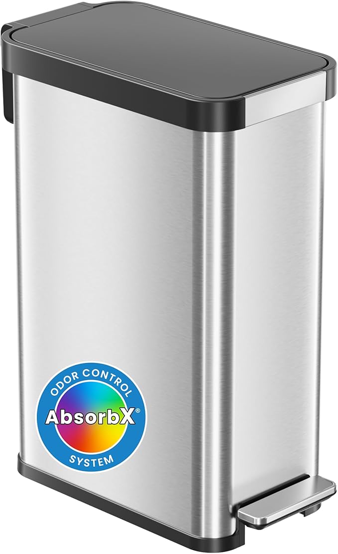 iTouchless SoftStep 13.2 Gallon Slim Step Pedal Trash Can with Odor Filter Elongated Stainless Steel Recycling Bin Space-Saving Garbage Trashcan 50 Liter Home Office Bedroom Livingroom Wastebasket