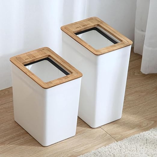 BESPORTBLE Large Wastebasket with Wooden Lid Kitchen Trash Bin with Built-in Press Ring Ash Bin for Home and Bathroom Storage Practical Waste Container Size L