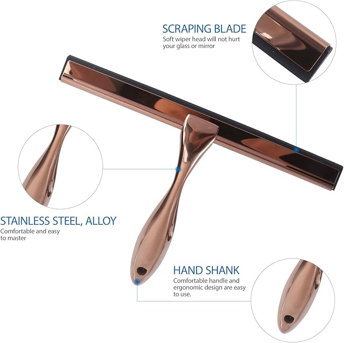 Stainless Steel Window Squeegee with Copper Silicone Handle Shower Glass and Mirror Cleaning Tool Household Bathroom and Car Cleaning Scraper