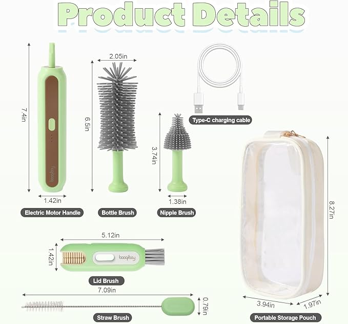 Electric Baby Bottle Brush Cleaner 5-in-1 Travel Kit with Storage Bag Food-Grade Silicone Long Battery Life Portable Baby Bottle Cleaner Brush Set Ideal Gift for Parents &amp Babies (Yellow)