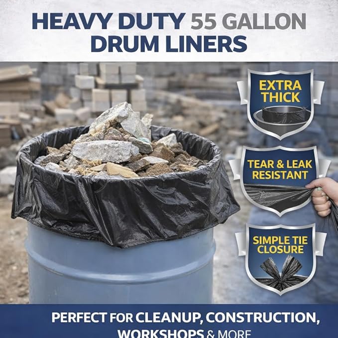 Member’s Heavy Duty 55 Gallon Drum Liners 80 Count Industrial Trash Bags Tear &amp Leak Resistant Extra Thick Embossed Garbage Bags with Simple Tie Closure Large Commercial Drum Bags